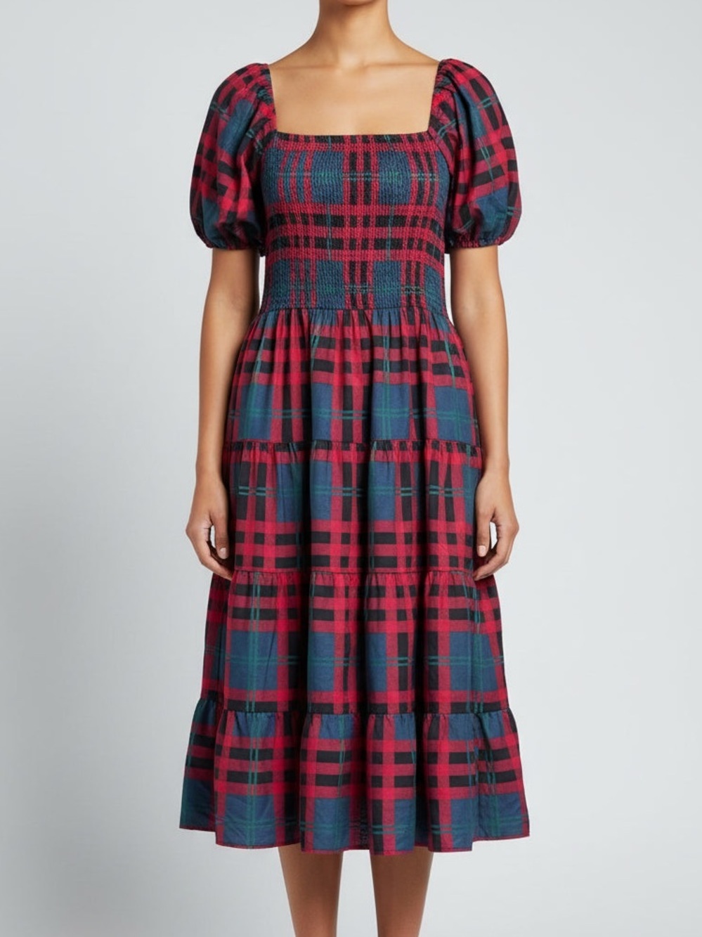 Plaid Smocked Midi Dress with Puff Sleeves in Red and Green